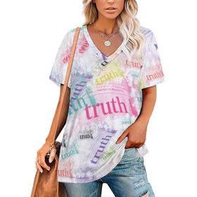 AILLOSA GFY39 Tamamı Baskılı Kısa Kollu V Yakalı Kadın T-shirt