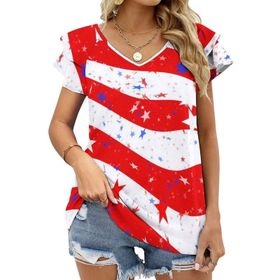 AILLOSA GFY41 Tamamı Baskılı Fırfırlı Kısa Kollu V Yakalı Kadın T-shirt