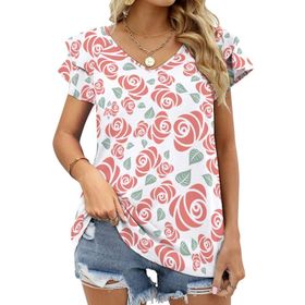 AILLOSA GFY43 Tamamı Baskılı Fırfırlı Kısa Kollu V Yakalı Kadın T-shirt