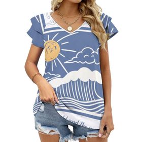 AILLOSA TH-109 V Yakalı Fırfırlı Baskılı Kadın T-shirt
