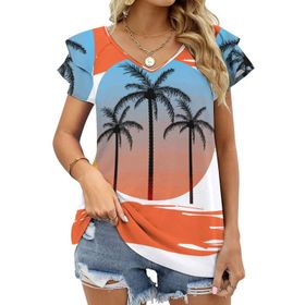 AILLOSA TH-111 V Yakalı Fırfırlı Baskılı Kadın T-shirt