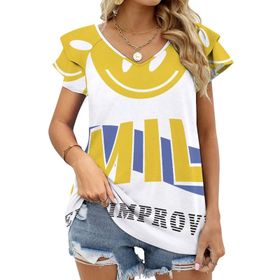 AILLOSA TH-117 V Yakalı Fırfırlı Baskılı Kadın T-shirt