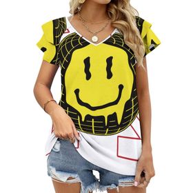 AILLOSA TH-118 V Yakalı Fırfırlı Baskılı Kadın T-shirt