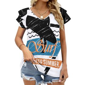 AILLOSA TH-130 V Yakalı Fırfırlı Baskılı Kadın T-shirt