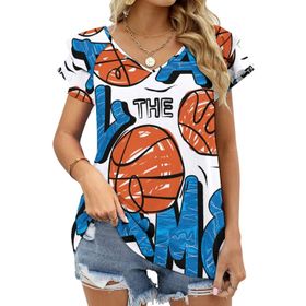 AILLOSA TH-131 V Yakalı Fırfırlı Baskılı Kadın T-shirt
