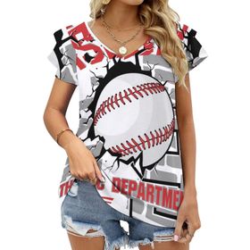 AILLOSA TH-133 V Yakalı Fırfırlı Baskılı Kadın T-shirt