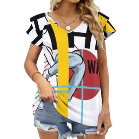 AILLOSA TH-135 V Yakalı Fırfırlı Baskılı Kadın T-shirt