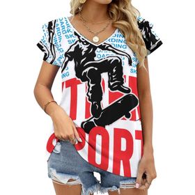 AILLOSA TH-136 V Yakalı Fırfırlı Baskılı Kadın T-shirt