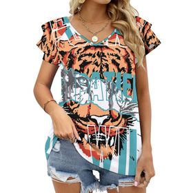 AILLOSA TH-139 V Yakalı Fırfırlı Baskılı Kadın T-shirt