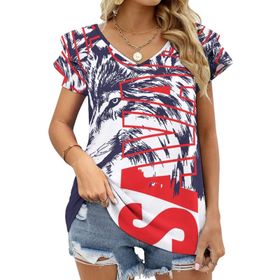 AILLOSA TH-143 V Yakalı Fırfırlı Baskılı Kadın T-shirt