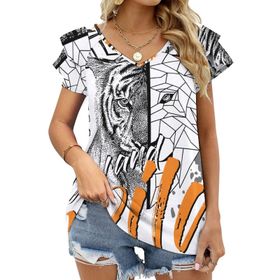AILLOSA TH-144 V Yakalı Fırfırlı Baskılı Kadın T-shirt