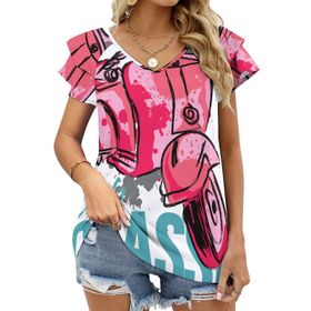 AILLOSA TH-147 V Yakalı Fırfırlı Baskılı Kadın T-shirt