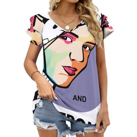 AILLOSA TH-151 V Yakalı Fırfırlı Baskılı Kadın T-shirt