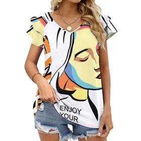 AILLOSA TH-152 V Yakalı Fırfırlı Baskılı Kadın T-shirt