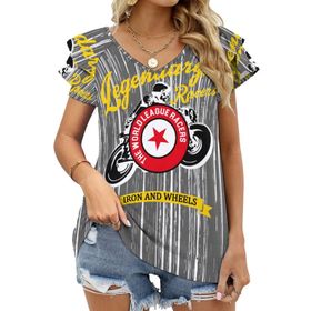 AILLOSA TH-156 V Yakalı Fırfırlı Baskılı Kadın T-shirt