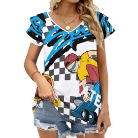 AILLOSA TH-157 V Yakalı Fırfırlı Baskılı Kadın T-shirt