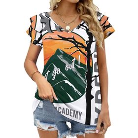 AILLOSA TH-158 V Yakalı Fırfırlı Baskılı Kadın T-shirt