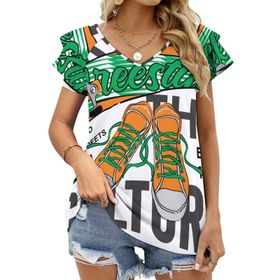 AILLOSA TH-163 V Yakalı Fırfırlı Baskılı Kadın T-shirt