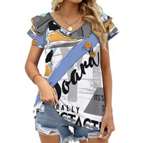 AILLOSA TH-165 V Yakalı Fırfırlı Baskılı Kadın T-shirt