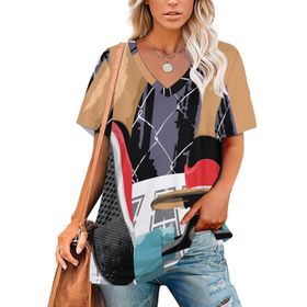 AILLOSA TH-166 Tamamı Baskılı V Yaka Kısa Kollu Kadın T-shirt