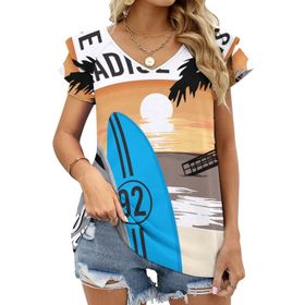 AILLOSA TH-167 V Yakalı Fırfırlı Baskılı Kadın T-shirt