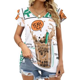 AILLOSA TH-171 V Yakalı Fırfırlı Baskılı Kadın T-shirt