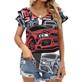 AILLOSA TH-172 V Yakalı Fırfırlı Baskılı Kadın T-shirt