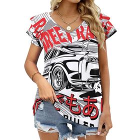 AILLOSA TH-174 V Yakalı Fırfırlı Baskılı Kadın T-shirt