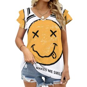 AILLOSA TH-177 V Yakalı Fırfırlı Baskılı Kadın T-shirt