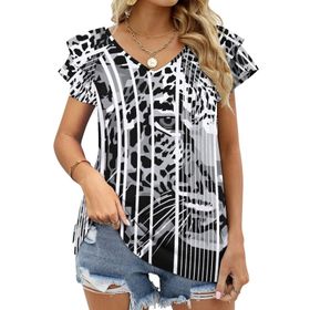 AILLOSA TH-180 V Yakalı Fırfırlı Baskılı Kadın T-shirt