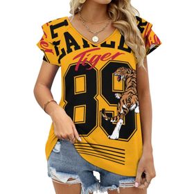 AILLOSA TH-181 V Yakalı Fırfırlı Baskılı Kadın T-shirt
