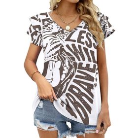 AILLOSA TH-182 V Yakalı Fırfırlı Baskılı Kadın T-shirt