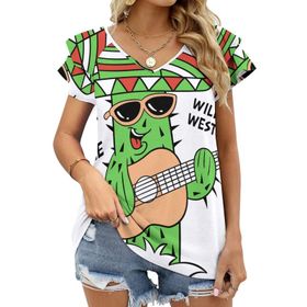 AILLOSA TH-185 V Yakalı Fırfırlı Baskılı Kadın T-shirt