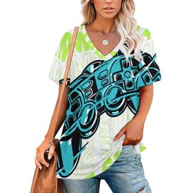 AILLOSA TH-186 Tamamı Baskılı V Yaka Kısa Kollu Kadın T-shirt