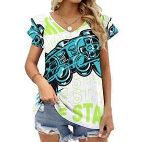 AILLOSA TH-186 V Yakalı Fırfırlı Baskılı Kadın T-shirt