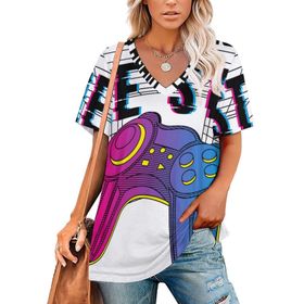 AILLOSA TH-187 Tamamı Baskılı V Yaka Kısa Kollu Kadın T-shirt