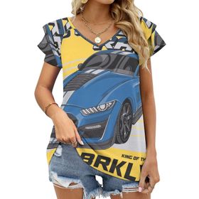 AILLOSA TH-194 V Yakalı Fırfırlı Baskılı Kadın T-shirt