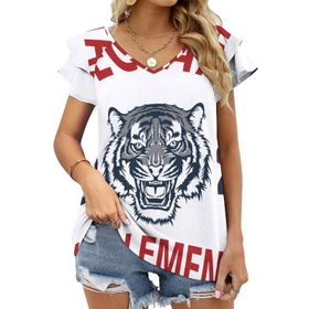 AILLOSA TH-199 V Yakalı Fırfırlı Baskılı Kadın T-shirt