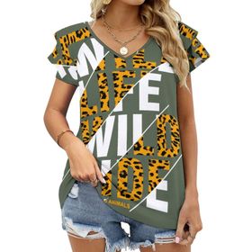 AILLOSA TH-202 V Yakalı Fırfırlı Baskılı Kadın T-shirt