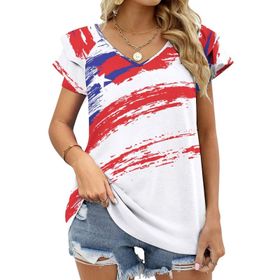 AILLOSA TH-266 V Yakalı Fırfırlı Baskılı Kadın T-shirt