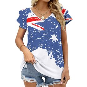 AILLOSA TH-267 V Yakalı Fırfırlı Baskılı Kadın T-shirt