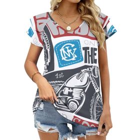 AILLOSA TH-268 V Yakalı Fırfırlı Baskılı Kadın T-shirt