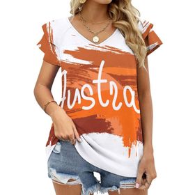 AILLOSA TH-271 V Yakalı Fırfırlı Baskılı Kadın T-shirt