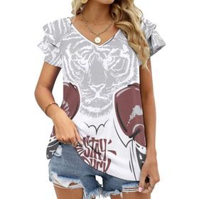 AILLOSA TH-277 V Yakalı Fırfırlı Baskılı Kadın T-shirt
