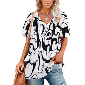 AILLOSA TH-278 Tamamı Baskılı V Yaka Kısa Kollu Kadın T-shirt