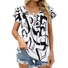 AILLOSA TH-278 V Yakalı Fırfırlı Baskılı Kadın T-shirt