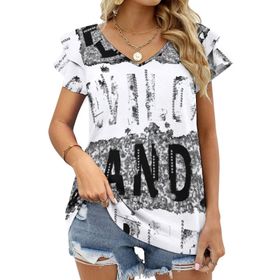 AILLOSA TH-279 V Yakalı Fırfırlı Baskılı Kadın T-shirt