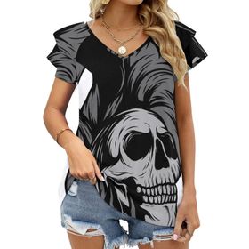 AILLOSA TH-283 V Yakalı Fırfırlı Baskılı Kadın T-shirt