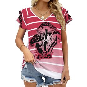 AILLOSA TH-287 V Yakalı Fırfırlı Baskılı Kadın T-shirt