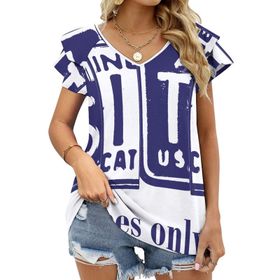AILLOSA TH-288 V Yakalı Fırfırlı Baskılı Kadın T-shirt